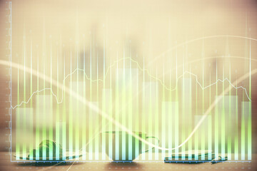 Poster - Double exposure of forex chart over coffee cup background in office. Concept of financial analysis and success.