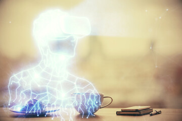 Poster - Double exposure of man in VR glasses drawing hologram over coffee cup background in office. Concept of AR