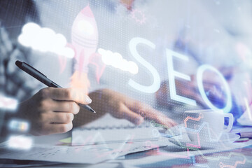 Aufkleber - Double exposure of SEO drawing over people taking notes background. Concept of search optimization