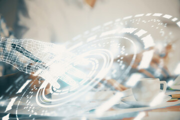 Aufkleber - Double exposure of data theme sketch drawing over people writing background. Concept of technology