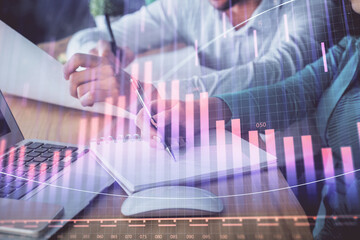Poster - Double exposure of forex chart drawing over people taking notes background. Concept of financial analysis