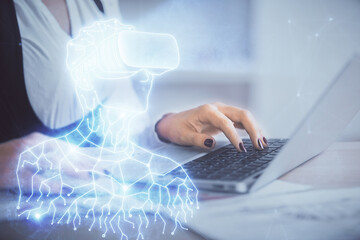 Poster - Double exposure of woman hands typing on computer and man in AR glasses drawing. Education concept.