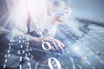 Aufkleber - Multi exposure of woman hands working on computer and data theme hologram drawing. Tech concept.