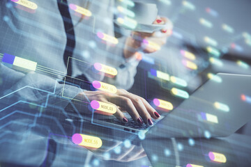 Poster - Multi exposure of woman hands working on computer and data theme hologram drawing. Tech concept.