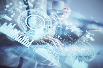 Fototapete - Multi exposure of woman hands typing on computer and business theme hologram drawing. Success concept.