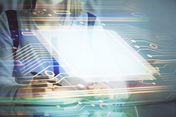 Poster - Multi exposure of woman hands working on computer and data theme hologram drawing. Tech concept.