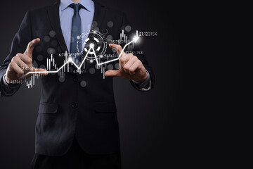 Wall Mural - Hand hold sales data and economic growth graph chart. Business planning and strategy. Analysing trading of exchange. Financial and banking. Technology digital marketing.Profit and growing plan.