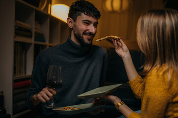 Canvas Print - Caucasian couple has a romantic dinner at home