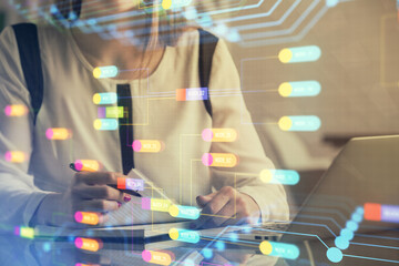 Poster - Multi exposure of woman hands working on computer and data theme hologram drawing. Tech concept.
