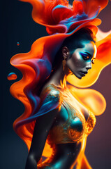 Wall Mural - Generative AI multicolored painting of beautiful woman with abstract dress and long wavy hairs, underwater view