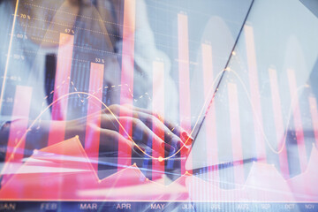 Aufkleber - Double exposure of woman hands typing on computer and financial graph hologram drawing. Stock market analysis concept.