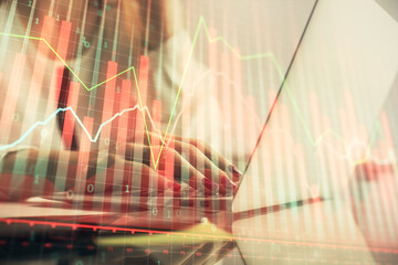 Aufkleber - Multi exposure of woman hands typing on computer and financial graph hologram drawing. Stock market analysis concept.