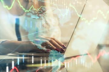 Aufkleber - Multi exposure of woman hands typing on computer and financial graph hologram drawing. Stock market analysis concept.
