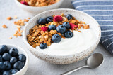 Fototapeta Desenie - Bowl of yogurt with granola, dry raspberries and blueberries. Healthy breakfast meal, concept of dieting and weight loss