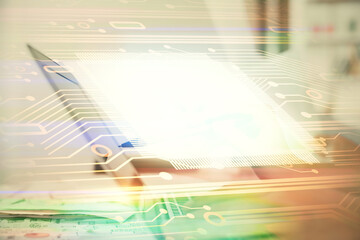 Poster - Multi exposure of woman hands working on computer and data theme hologram drawing. Tech concept.