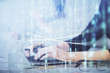 Poster - Multi exposure of woman hands working on computer and data theme hologram drawing. Tech concept.