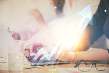 Poster - Double exposure of woman hands typing on computer and arrows drawing. Success concept.