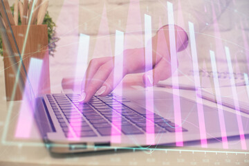 Aufkleber - Multi exposure of woman hands typing on computer and forex chart hologram drawing. Stock market analysis concept.