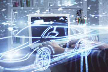 Poster - Double exposure of woman hands typing on computer and automobile theme drawing. High Tech concept.