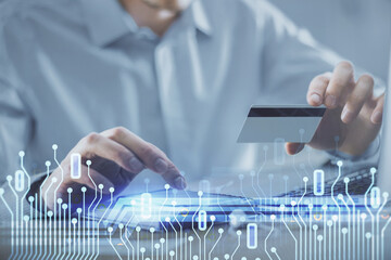 Poster - Double exposure of man hands holding a credit card and data theme drawing. E-commerce and technology concept.