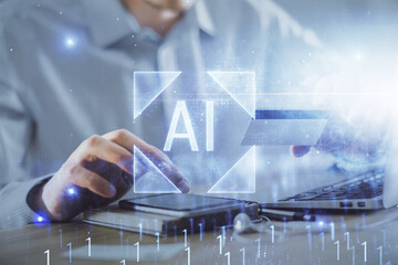Aufkleber - Double exposure of man hands holding a credit card and data theme drawing. E-commerce and technology concept.