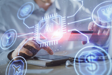 Poster - Double exposure of man hands holding a credit card and data theme drawing. E-commerce and technology concept.