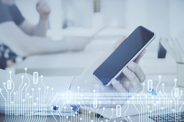Poster - Double exposure of man's hand holding and using a digital device and data theme hologram drawing. Technology concept.