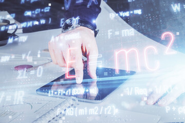 Poster - Double exposure of man's hands holding and using a phone and formulas drawing. Education concept.