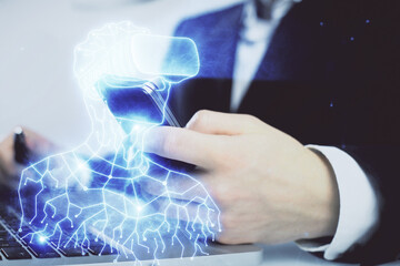 Poster - Double exposure of man's hands holding and using a digital device and AR glasses drawing. Virtual reality concept.