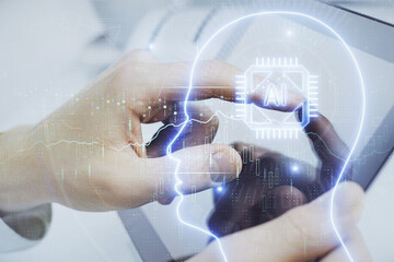 Fototapete - Double exposure of man's hand holding and using a digital device and brain hologram drawing. Data concept.