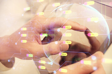 Poster - Multi exposure of man's hand holding and using a digital device and data theme drawing. Innovation concept.