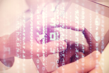 Aufkleber - Multi exposure of man's hand holding and using a digital device and data theme drawing. Innovation concept.