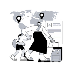 International migration abstract concept vector illustration. International migrants, border control, movement of people, leaving a country, application form, travel with bag abstract metaphor.