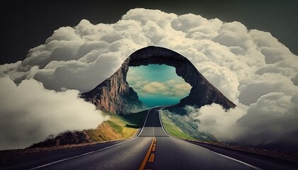 Sticker -  a long road with a mountain in the middle of it and a tunnel in the middle of the road leading into the clouds in the sky.  generative ai