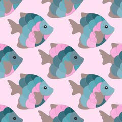 Wall Mural - Simple coral reef fish seamless pattern design. Oceanic creatures diving. Baby fashion fabric