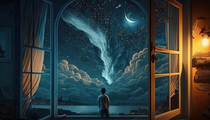 Wall Mural - a kid watching out at big window open to galaxy sky, midnight time, idea for imagination and dream concept, Generative Ai	
