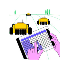 Aufkleber - Autonomous seeding isolated cartoon vector illustrations. Farmer controls seeding using tablet, agriculture industry, modern technology, smart farming, improve yield vector cartoon.