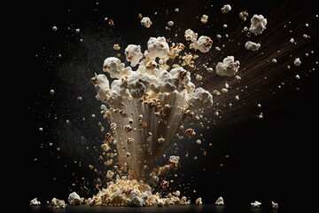 Wall Mural -  a bunch of popcorn falling into the air with a black background and a splash of popcorn on the floor and on the ground, with a black background.  generative ai