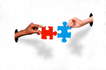 Collage artwork photo of hands holding fits puzzles complete picture solution cooperation elements together isolated on white color background