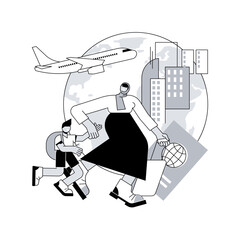 Poster - Female migrant abstract concept vector illustration. Female migrant worker, international marriage, philippine indian muslim woman, passport and documents, house cleaner, refugee abstract metaphor.
