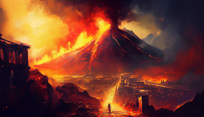 Sticker - Vesuvius volcano erupts overnight on Pompeii. Generative AI