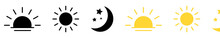 Set Of Rising Or Setting Sun, Crescent Moon And Stars. Vector Illustration
