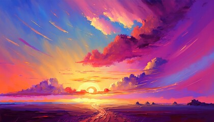 Wall Mural - a painting of a sunset with clouds and a road going through the middle of the picture and the sun se