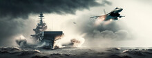 Panoramic View Of A Generic Military Aircraft Carrier Ship With Fighter Jets Take Off During A Special Operation At A Warzone, Wide Poster Design With Copy Space Area
