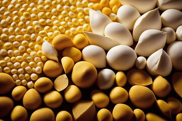 Poster -  a pile of yellow and white candies next to each other on a yellow tablecloth with white and yellow candies on top of it.  generative ai