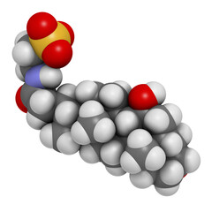 Sticker - Taurursodiol drug molecule. Also known as ursodoxicoltaurine and tauroursodeoxycholic acid or TUDCA. 3D rendering.