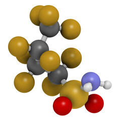 Sticker - Perfluorobutane sulfonamide molecule. 3D rendering.