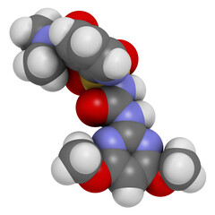 Sticker - Nicosulfuron systemic herbicide molecule. 3D rendering.