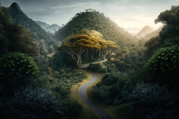 Road in the middle of the forest , road curve construction up to mountain, Rainforest ecosystem and healthy environment concept, road, landscape, mountain, forest, travel, nature, highway, sky, 