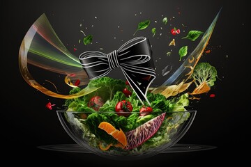 Wall Mural -  a bowl of salad with a bow on top of it and a knife sticking out of the top of the bowl with a bow on top of it.  generative ai